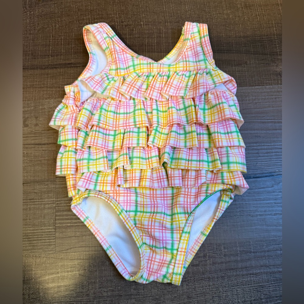 Absorba Pink and Yellow Plaid Ruffle Swimsuit
